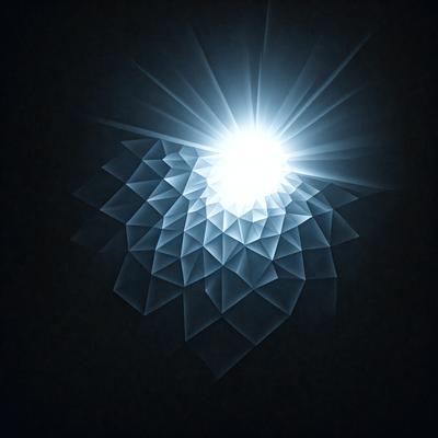 The primary subject of the image is a bright light, which appears to be a sun or a light source. The setting is a dark background, creating a contrast between the light and the darkness. The visual style is a combination of digital art and illustration, as the light is depicted as a geometric shape or pattern. The colors and mood of the image are predominantly blue and white, with the bright light creating a sense of warmth and energy.